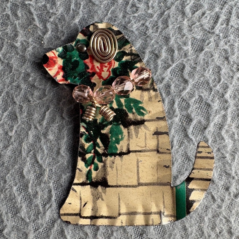 Vintage Upcycled Tin Dog Brooch Handmade Floral Folk Art Pin Pink Beads
